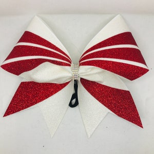 Custom Cheer Bow -  white glitter ribbon and red glitter - crystal rhinestone center ANY colors available