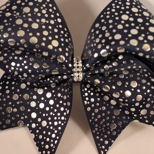 Cheer Bow Navy -Silver Dots - Rhinestone center Cheer Bows by by BlingItOnCheerBowz fast turnaround