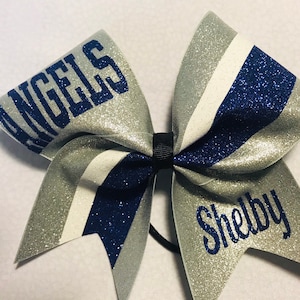 Custom Cheer Bow - silver royal blue and white- full Glitter Cheer Bows w lettering and name by BlingItOnCheerBowz - available in all colors