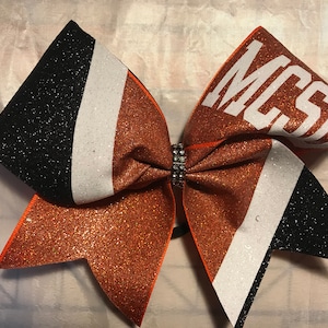Cheer Bow w School Letters - Texas Orange Black White- w rhinestone center Blingitoncheerbowz