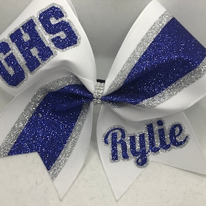 Cheer Bow Custom Royal Silver White School Initials / Name School Team Cheer Bows made in ANY colors just for you Blingitoncheerbowz