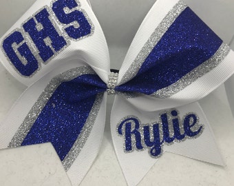 Cheer Bow Custom Royal Blue  Silver White ribbon School Initials / Name School Team Cheer Bows made in ANY colors Blingitoncheerbowz