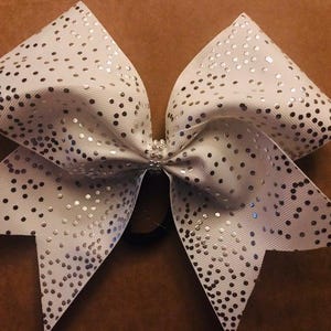 Cheer Bow White Grosgrain w Silver Dots and Rhinestone center white/silver or black/silver  Team Cheer Bows fast turnaround NOT rhinestones