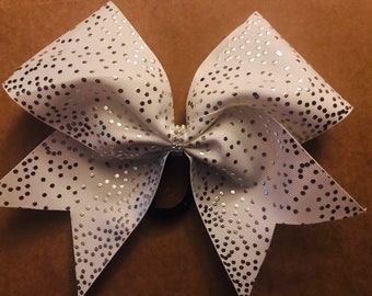 Cheer Bow White Grosgrain w Silver Dots and Rhinestone center also available in Black w silver - Team Cheer Bows