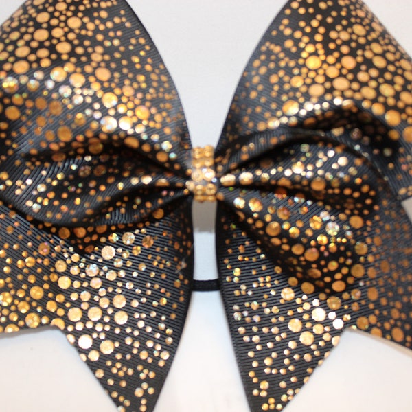 Cheer Bow Black grosgrain w Gold faux sequins, Cheerleader gift, Bling It on Cheer Bows, Large Cheer bow, Teen Gift,