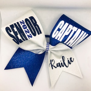 Senior Captain Cheer Bow 2026 Glitter with name- Fully Customizable - Custom name and made in any color combo by Blingitoncheerbowz