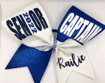 Senior Captain Cheer Bow 2026 Glitter with name- Fully Customizable - Custom name and made in any color combo by Blingitoncheerbowz