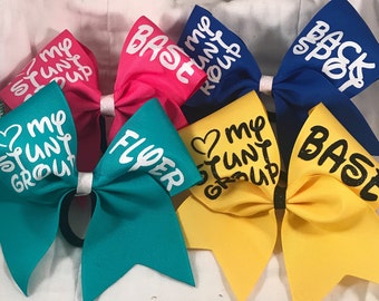 I love my stunt group Cheer Bows - stunt group bows - flyer - base- back spot ANY color ribbon and any color glitter