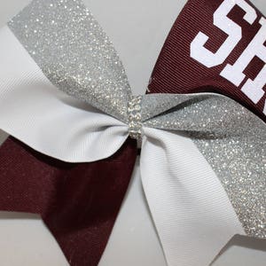 Maroon Cheer Bow Custom Maroon Grosgrain / Silver Glitter / White Grosgrain Cheer Bows by BlingItOnCheerBowz Blingitoncheerbowz