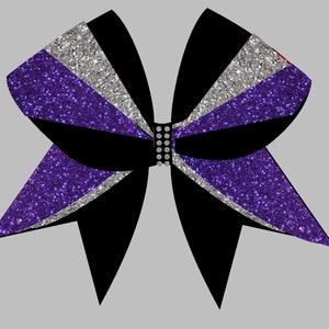 Custom Cheer Bow -  Black ribbon/  Royal purple glitter/ silver glitter - crystal rhinestone center ANY colors available