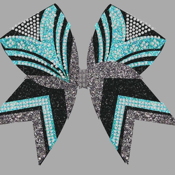 Rhinestone Cheer Bow- Black bow, grey and holo green ( teal )- silver rhinestones -available in any colors by Blingitoncheerbowz