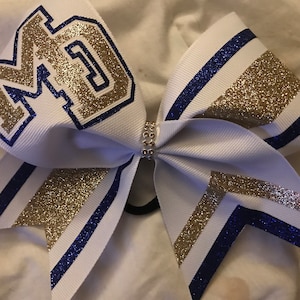 School Cheer Bow Choice of Ribbon color & 2 glitter colors, lettering w rhinestone center BlingItOnCheerBowz