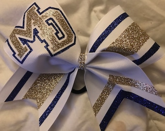 School Cheer Bow Choice of Ribbon color & 2 glitter colors, lettering w rhinestone center BlingItOnCheerBowz