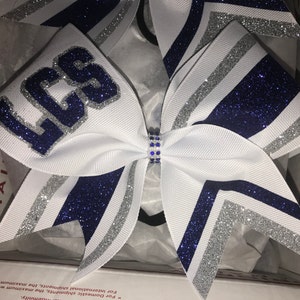 Custom Cheer Bow - School Cheer Bows - Glitter - Team - Letters - any Colors Name and year - Navy Silver White bow by BlingItOnCheerBowz