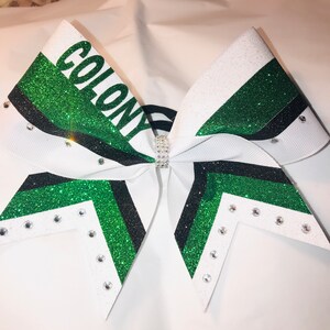 Custom Cheer Bow made in YOUR Ribbon and Glitter Colors with/without Rhinestones  -  Kelly Green White - by Blingitoncheerbowz