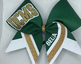 Cheer Bow forest green Custom in your colors YOUR School Team and name hunter green old gold and White by BlingItOnCheerBowz