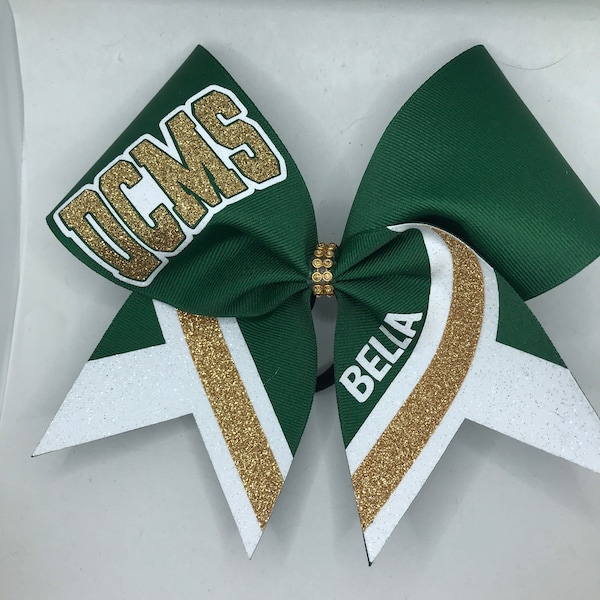 Cheer Bow forest green Custom in your colors YOUR School Team and name hunter green old gold and White by BlingItOnCheerBowz