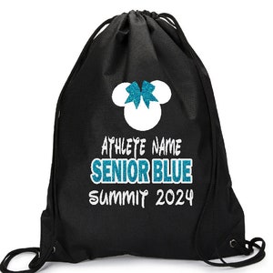 May include: Black drawstring bag with a white Mickey Mouse head with a blue bow and the text "ATHLETE NAME SENIOR BLUE SUMMIT 2024"