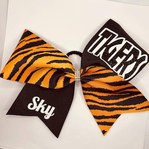 Tiger Cheer Bow orange and Black tiger stripe Grosgrain any school Initials or mascot and Name School Team Cheer Bows Tigers