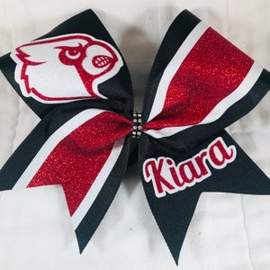 Custom School Cheer bow - Cardinal -Your colors -Mascot and Name - 2 glitter colors black red white burgundy cherry