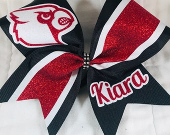 Custom Mascot and Name School Cheer bow - Cardinal -Your colors -YOUR mascot ribbon color - 2 glitter colors black red white burgundy cherry