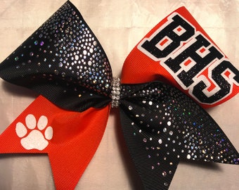 Cheer Bow Custom School - Name - Black Grosgrain Silver Holographic Dots - Rhinestone center - Your letters cat paw -any colors orange black