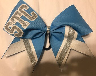 Cheer Bow Custom - your colors - YOUR School Team and name Columbia Blue Silver White by BlingItOnCheerBowz any color ribbon and glitters