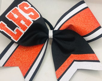 Custom School Cheer Bow - Orange Black and White - Your lettering - available in all colors by Blingitoncheerbowz