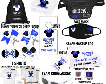 Summit Worlds Team Cheerleading Gift Bags items- Fanny Pack Bow Box Face Mask Makeup bag sunglasses door hanger scrunchie TEAM orders ONLY