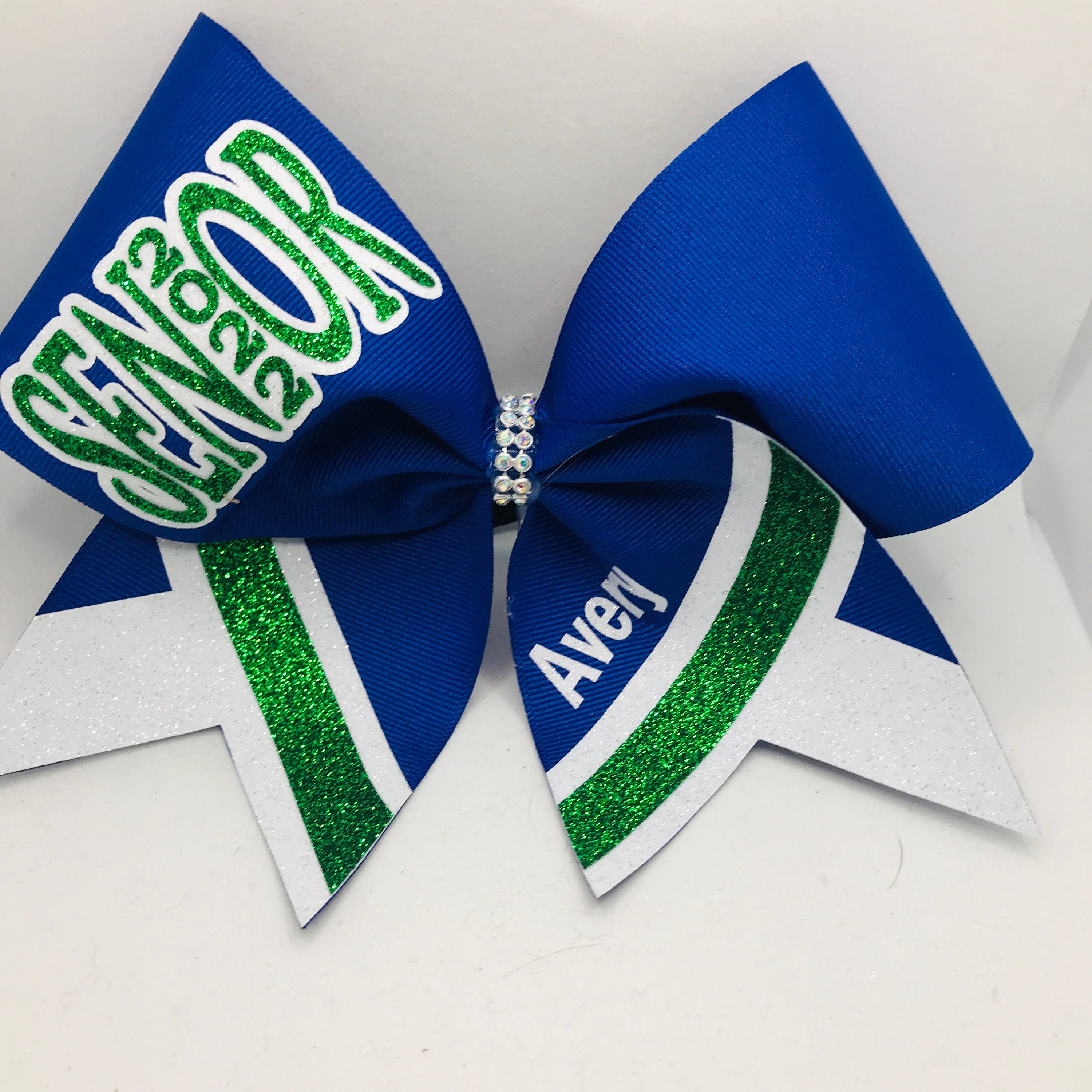 Senior Cheer Bow Custom - your colors - YOUR School and names made with any color ribbon and glitters Senior Royal Blue kelly green White