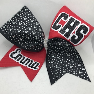 Cheer Bow - Custom Personalized for your School - white pink red navy black rhinestone ribbon - any color ribbon/glitter