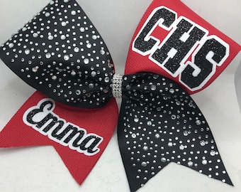 Cheer Bow - Custom Personalized for your School - white pink red navy black rhinestone ribbon - any color ribbon/glitter
