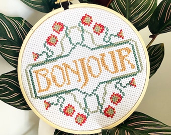 Cross Stitch Pattern- Bonjour Cross Stitch | French Cross Stitch | Art Nouveau Cross Stitch | DIY Cross Stitch | Modern Cross Stitch