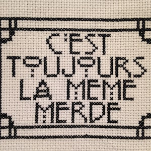 Op de afbeelding: Zwart-witte kruissteek borduurwerk met een Franse zin die "C'est toujours la meme merde" luidt.