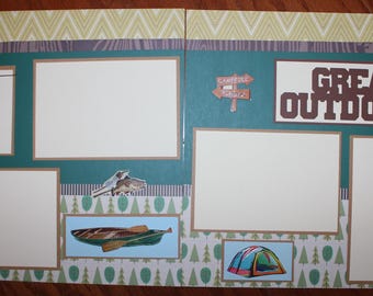 Fishing scrapbook pages 2 each 12 x 12 , camping ,assembled,handmade scrapbook pages titled "Great Outdoors", Fishing Trip, Vacation