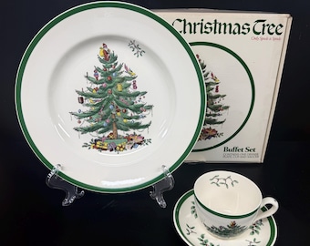 Vintage Spode China Christmas Tree Pattern 3 piece Buffet Set Mint in Box