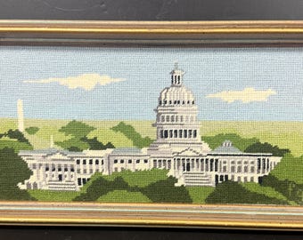 Vintage 1985 Needlepoint Picture US Capitol Washington Monument Framed Signed