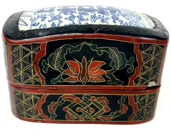 Antique Chinese Export Blue White Pottery Shard Lacquer Trinket Box AS IS