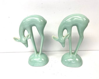 Pair Roselane California Art Pottery Turquoise Deer Doe Figurines Art Deco Style