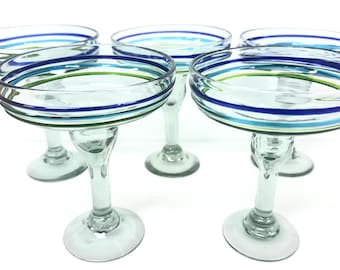 5 Recycled Art Glass Mexico Mexican Hand Blown Margarita Glasses Blue Green Teal