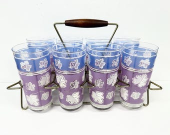 8 Libbey Glass Purple Blue Iced Tea Water Glasses Metal Carrier MCM Mid Century