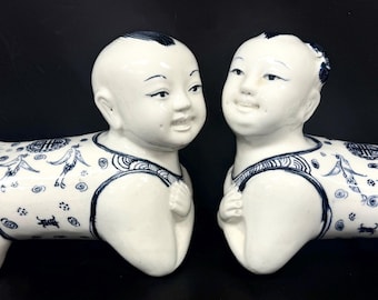Par de almohadas chinas de cerámica azul y blanca estilo chinoiserie para bebés, niño y niña, 30 cm (12") ¡GUAU!