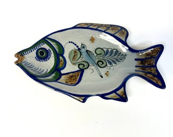 Ken Edwards Tonala Mexican Art Pottery Fish Plate w/ Bird