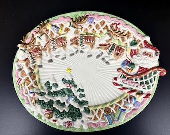 Vintage Fitz & Floyd Candy Cane Lane Santa and Reindeer 13" Serving Platter
