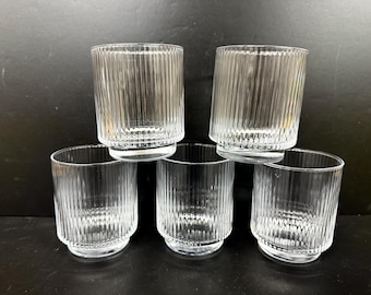 5 Williams Sonoma Modern Optic Old Fashioned Cocktail Glasses 3 1/2"