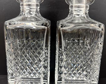 Pair Vintage Lead Crystal Square Cut Glass Liquor Whiskey Decanters