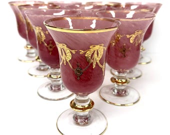 Set 10 Vintage Arte Italica Rialto AIZ3 Wine Glass Pink Marble Bowl w Gold Trim