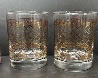 Set 4 Lowball Rocks Old Fashioned Cocktail Glasses Culver Briard Style MCM Mid Century Gold Lattice