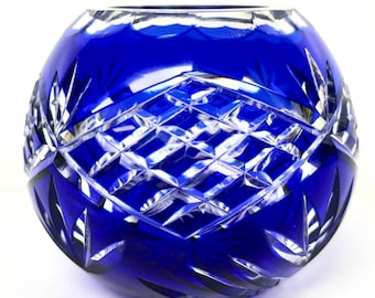 Vintage Cobalt Blue Cut to Clear Bohemian Glass Votive Candle Holder