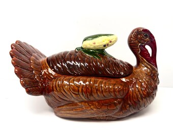 Mid Century Modern MCM Ceramic Pottery Turkey Thanksgiving Tureen Covered Bowl